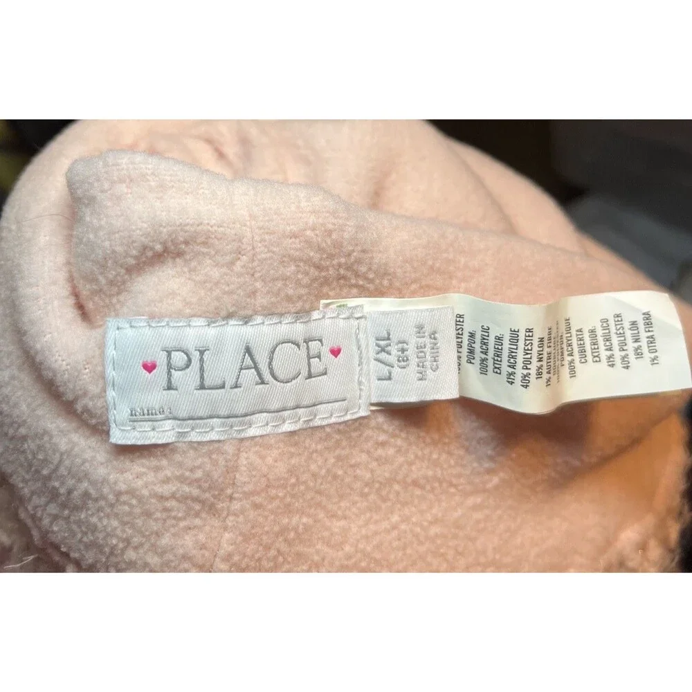 The Children's Place Girls Pink Fuzzy Patches Pom Pom Beanie Hat L/XL